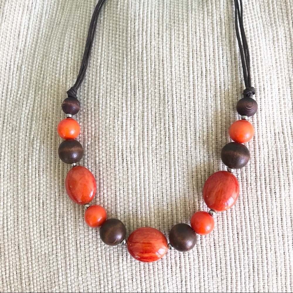 Wood necklace orange & brown 18”
